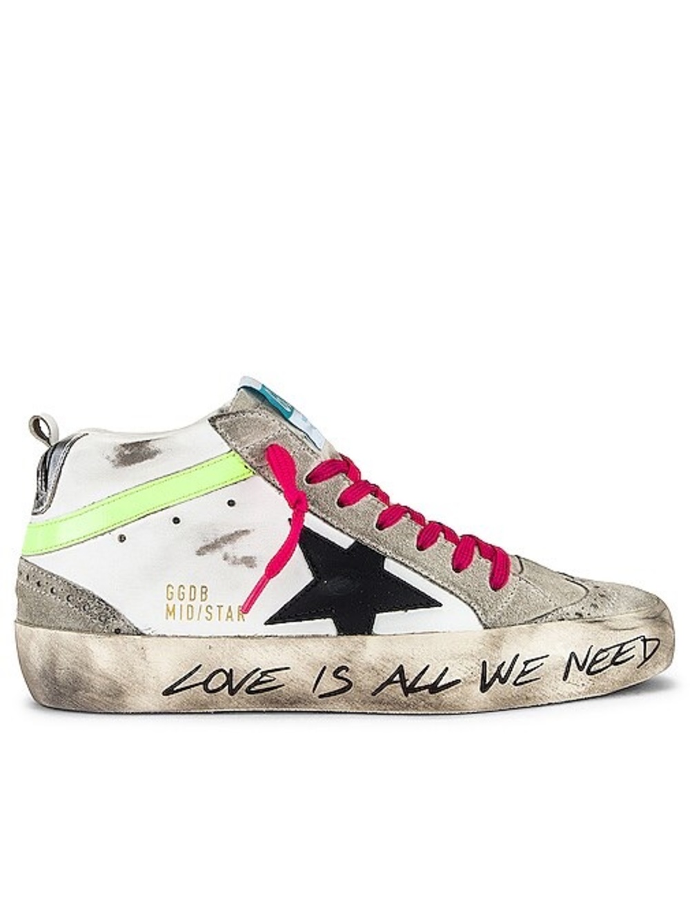 Golden Goose High-Top Sneaker in White with Black Star & Neon Pink Laces size 39